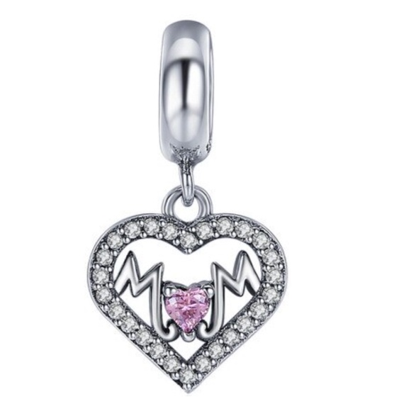 Pink Cubic Zirconia & Sterling Silver Heart 'Mom' Charm - Picture 1 of 1